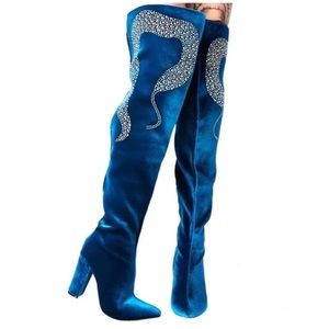 Cape robin over knee Boots velvet size 7.5 Rhinestone Block Heel Pointed shoes